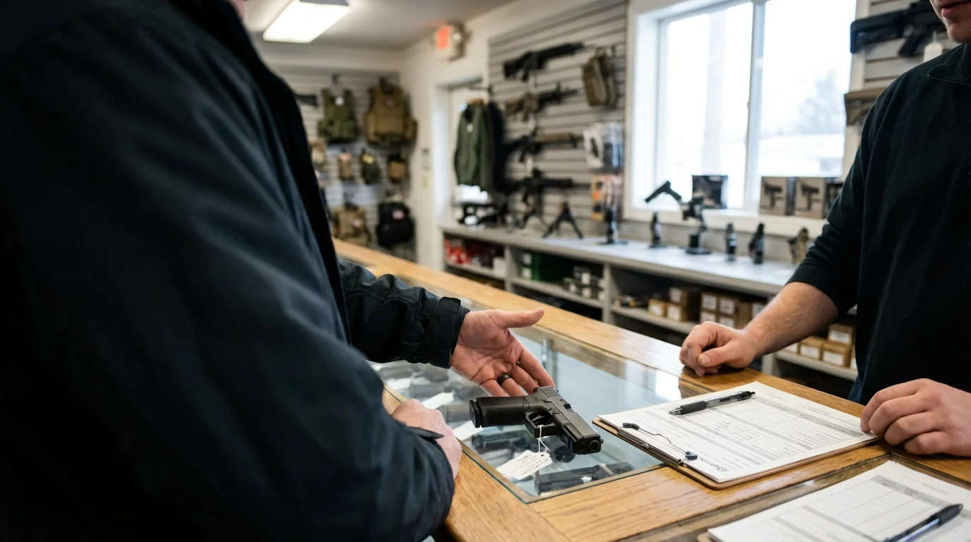 Armurier procédant aux vérifications légales pour l'achat d'une arme