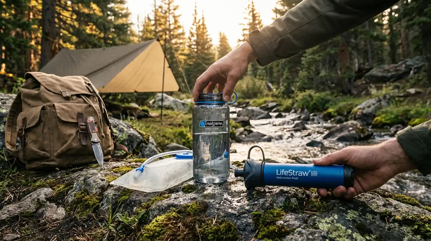 Stockage de l'eau en bidons et bouteilles pour la survie