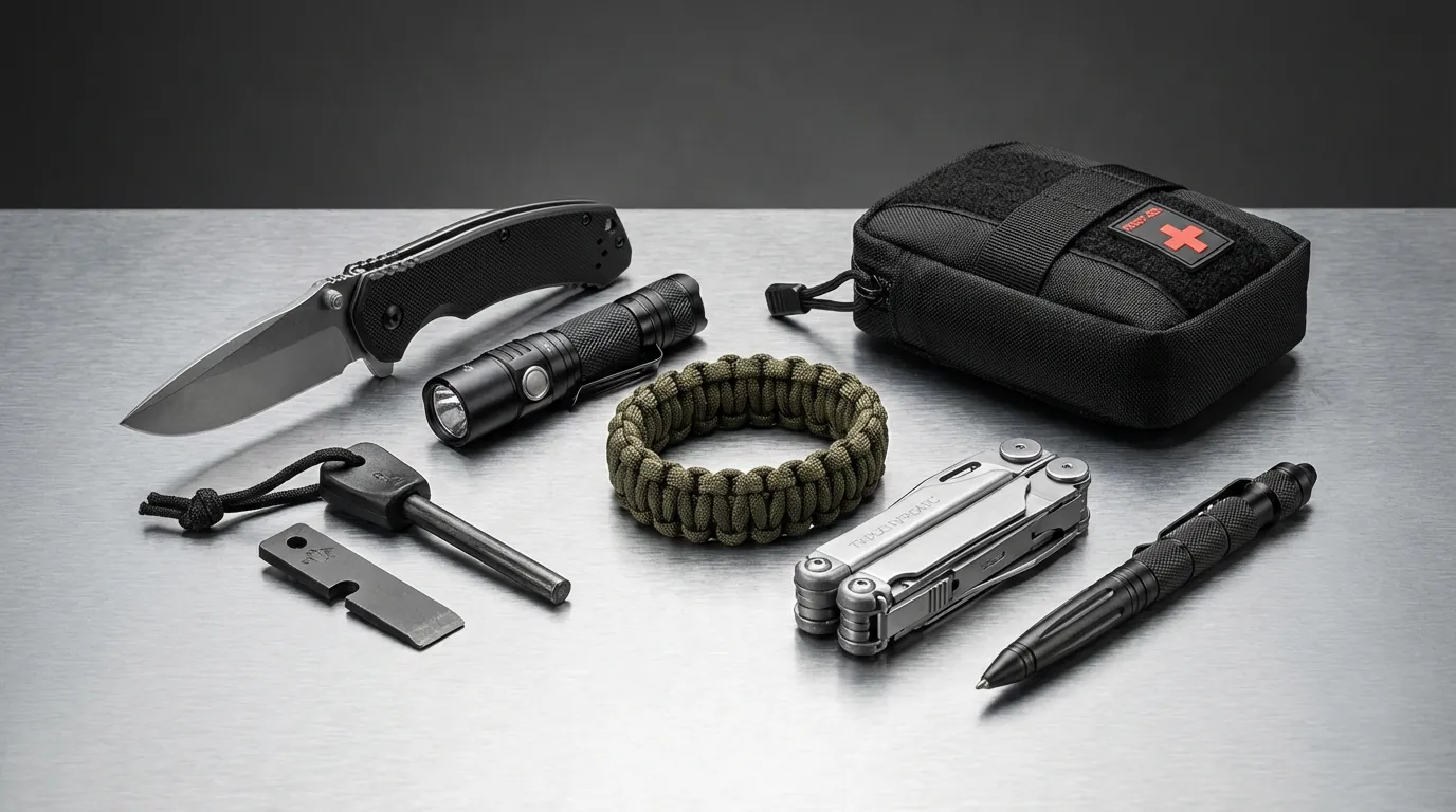 Composition type d'un kit EDC survivaliste avec lampe, couteau et carnet