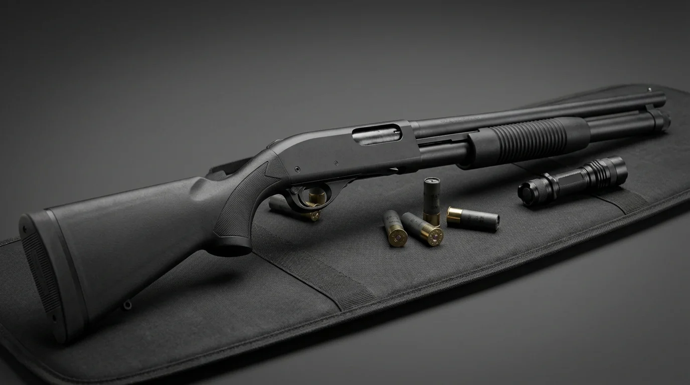 Fusil à pompe tactique posé sur une surface en bois avec munitions calibre 12