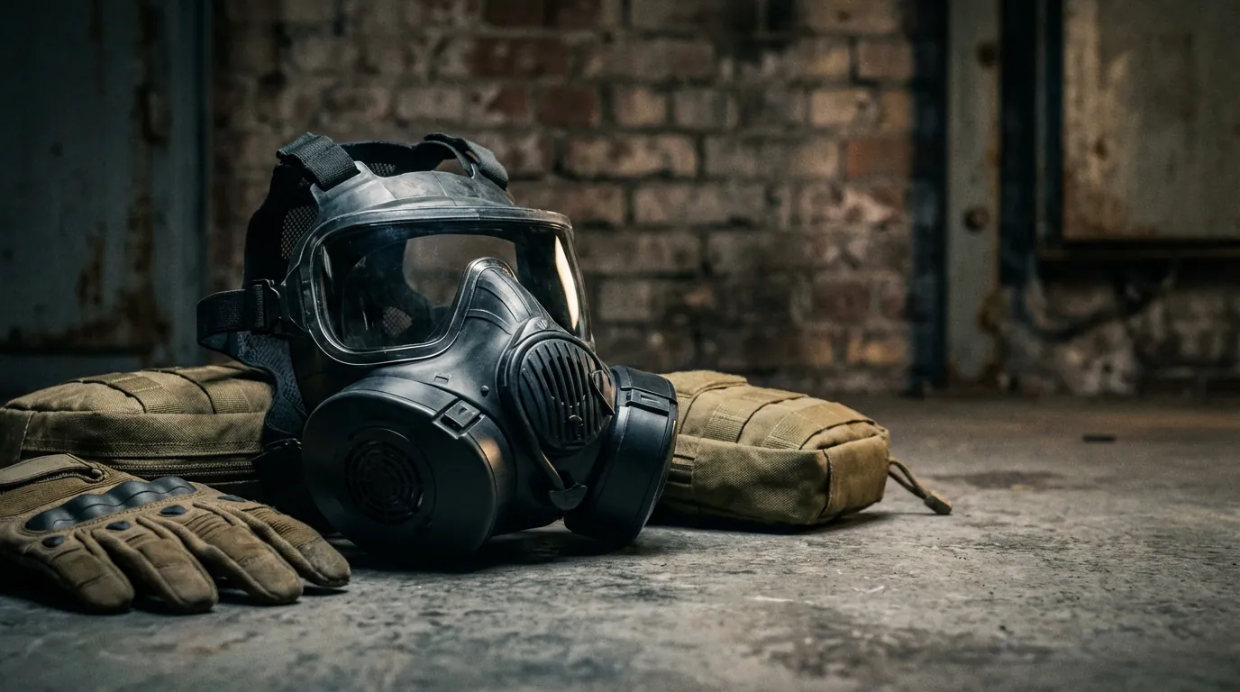 Masque à gaz complet avec cartouches filtrantes posé sur une table en bois