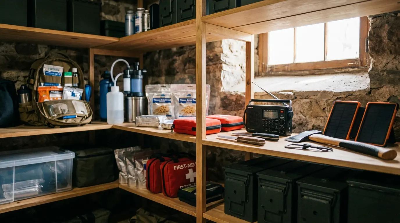 Vue d'ensemble d'un équipement survivaliste complet étalé sur une table en bois