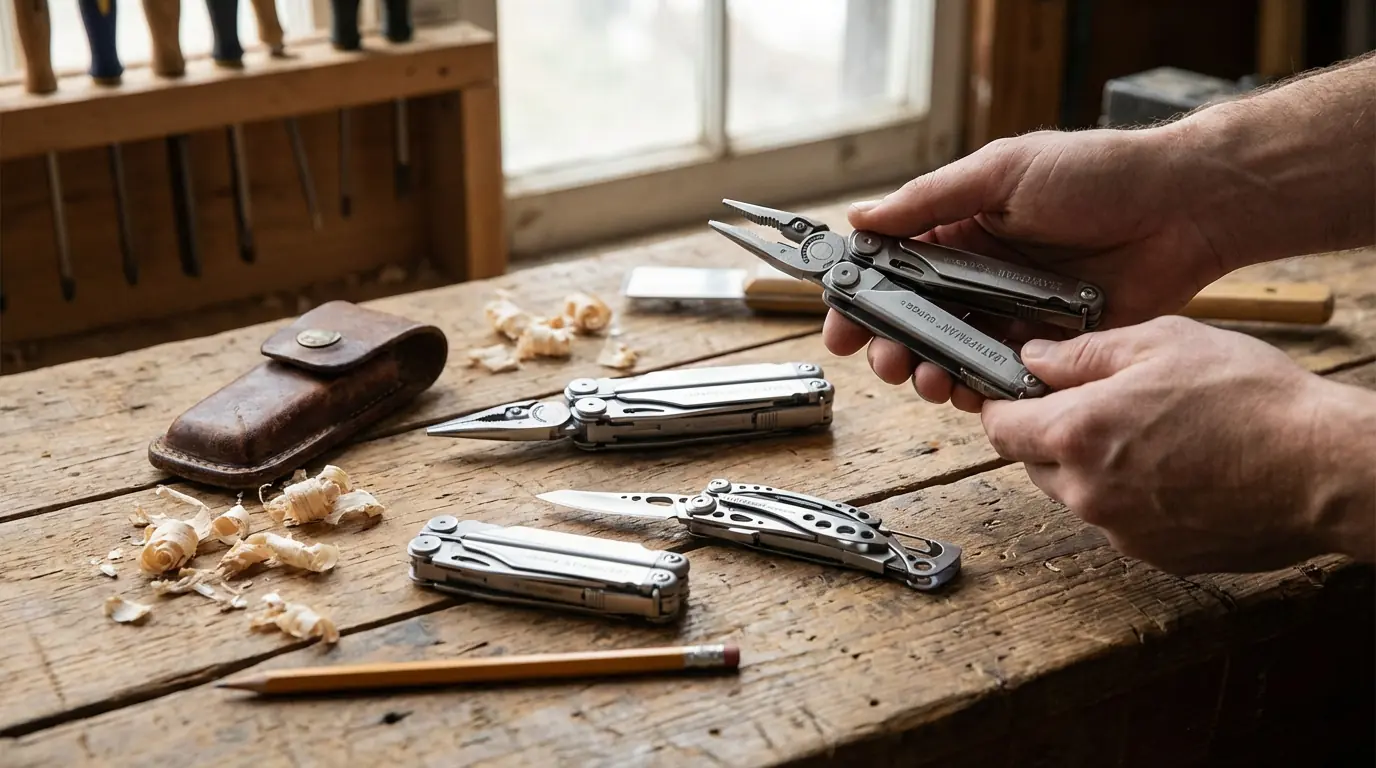 Comparatif des différents modèles de pinces Leatherman sur une table en bois