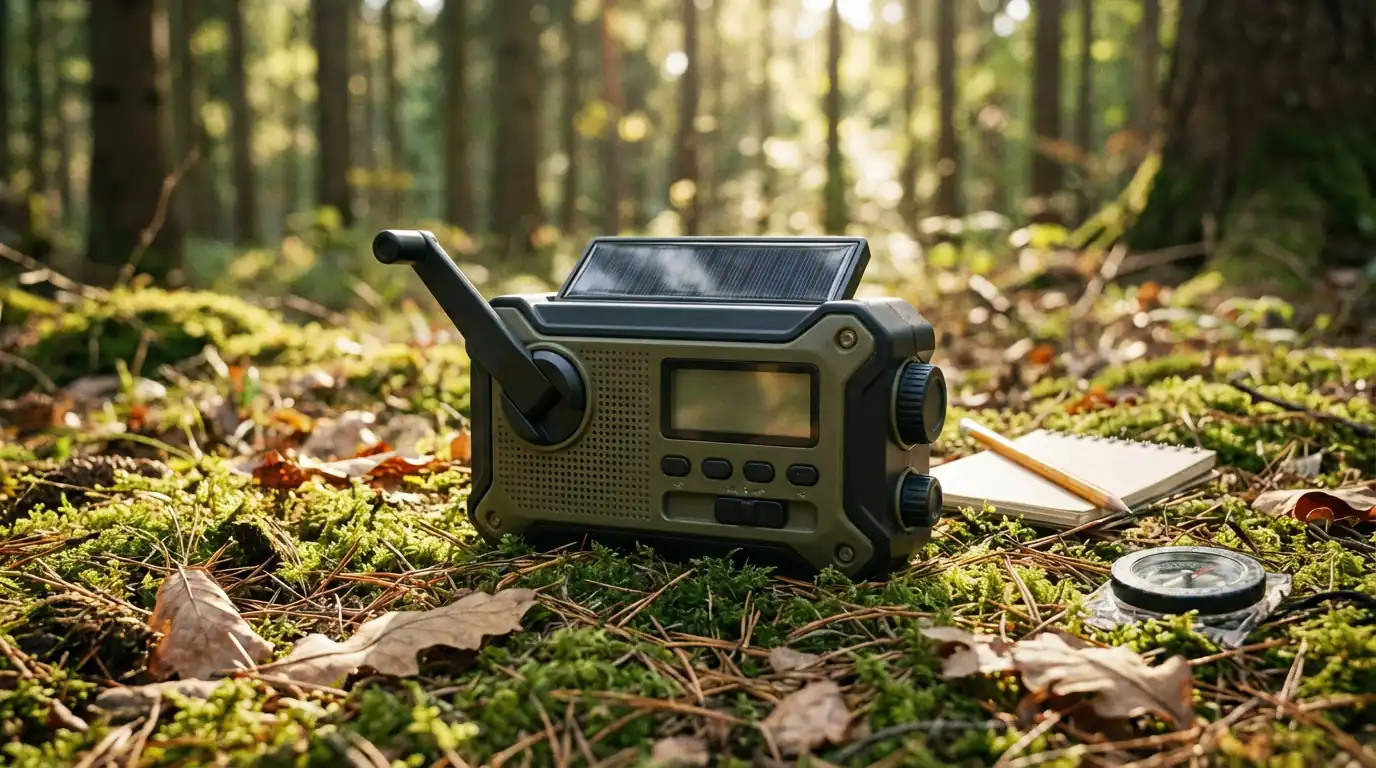 Radio de survie avec manivelle dynamo et panneau solaire posée en extérieur
