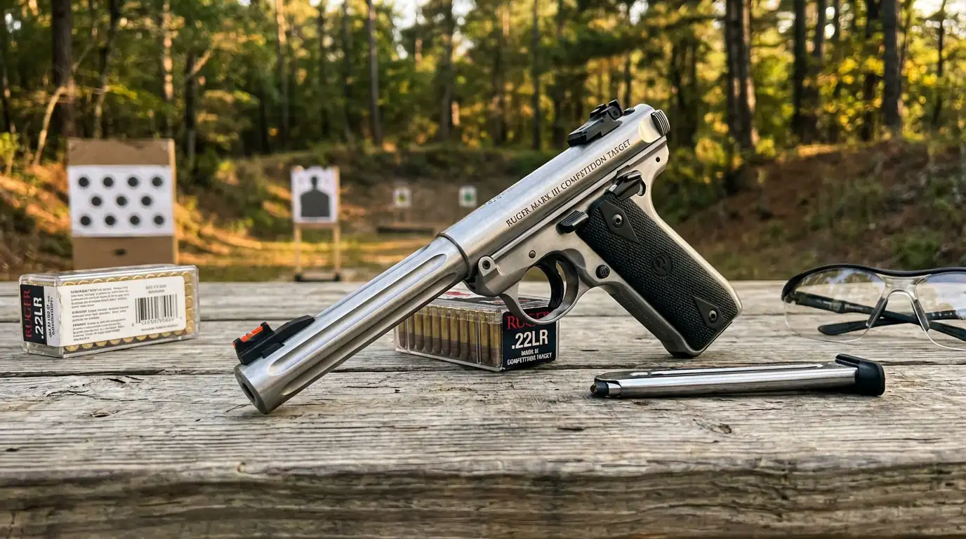 Pistolet Ruger Mark III Competition en acier inoxydable avec poignée en bois