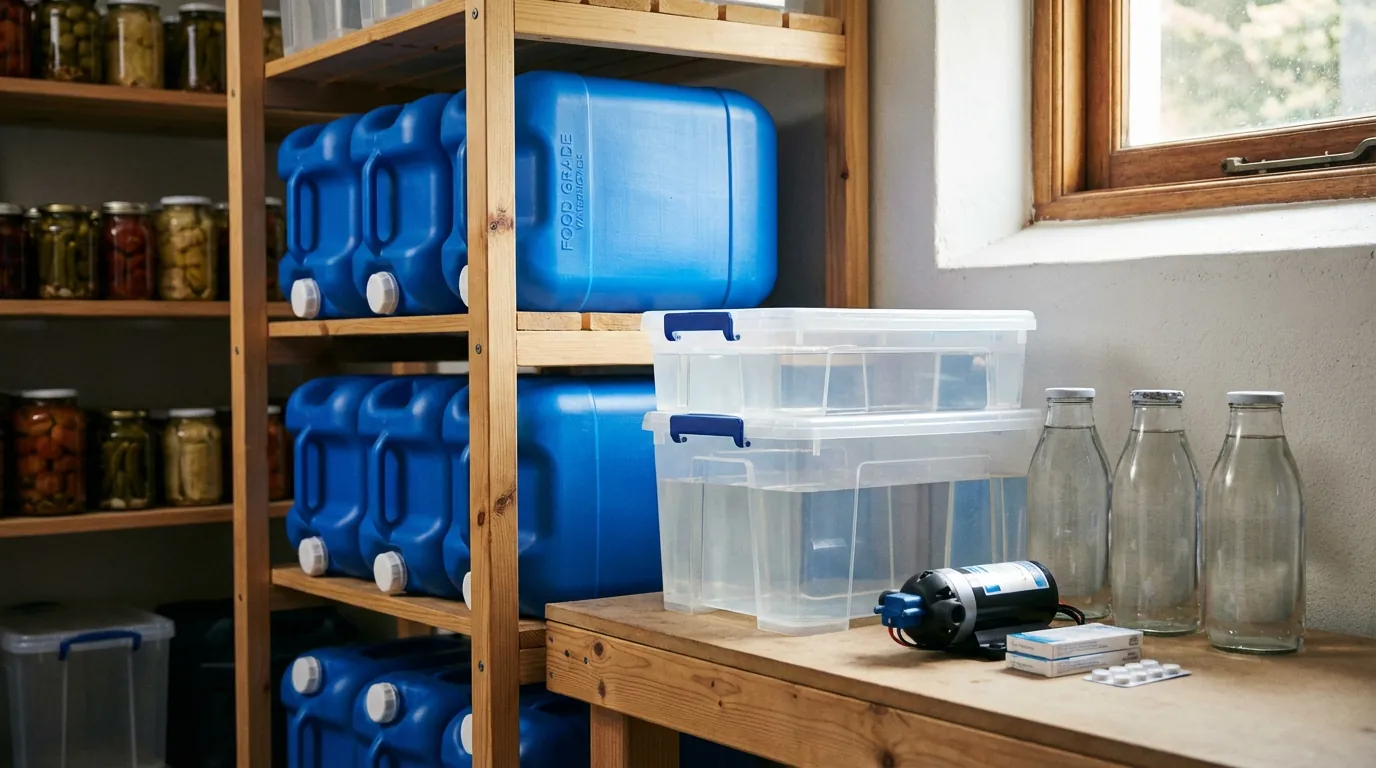 Fûts bleus en PEHD stockés pour la survie