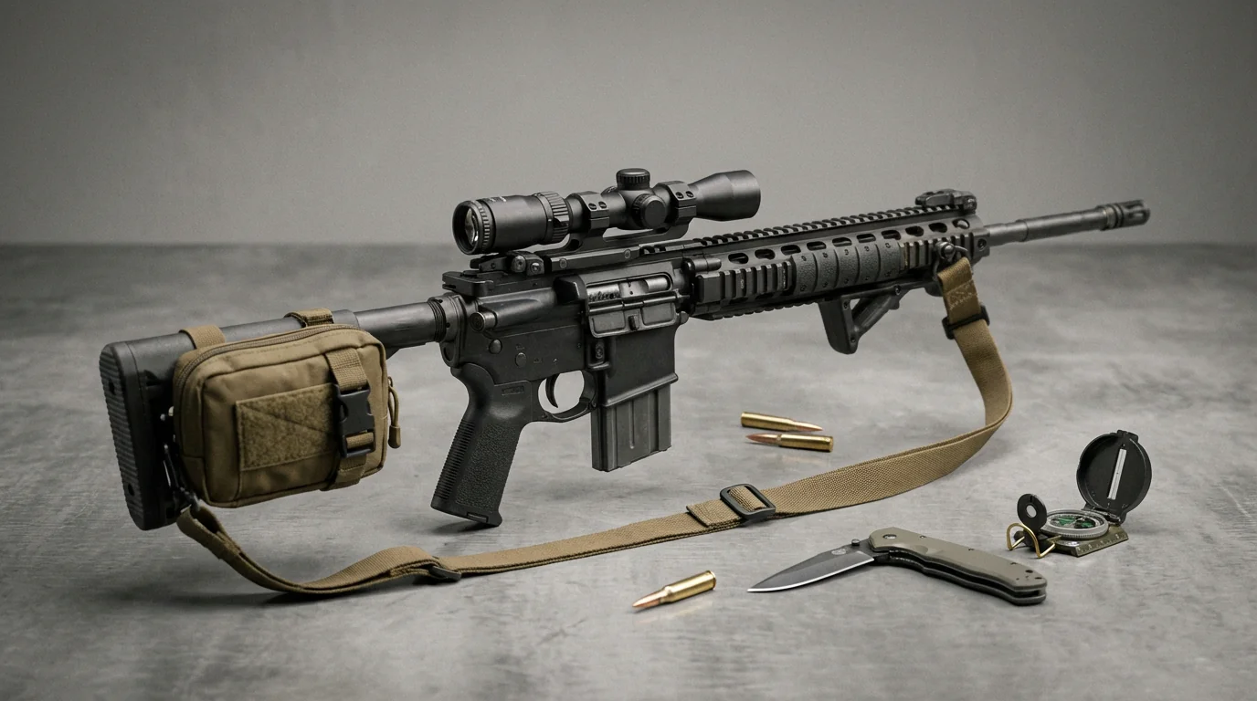 Armes de survie et équipement tactique posés sur une table